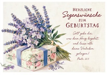 Postkarte Herzliche Segenswünsche zum Geburtstag (Geschenk mit Lavendel)