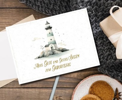 Postkarte Alles Gute und Gottes Segen zum Geburtstag (Leuchtturm)