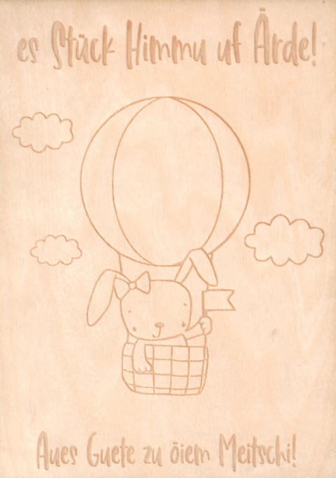 Holzkarte Geburt Hase im Ballon